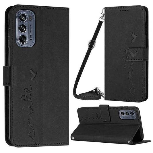 Skin-touch Feeling Case for Motorola Moto G62 5G, Heart Shape Imprinted Wallet Stand Book Style PU Leather Phone Cover with Shoulder Strap - Black
