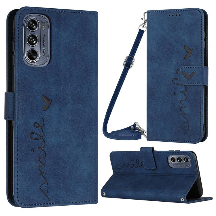Skin-touch Feeling Case for Motorola Moto G62 5G, Heart Shape Imprinted Wallet Stand Book Style PU Leather Phone Cover with Shoulder Strap - Sapphire