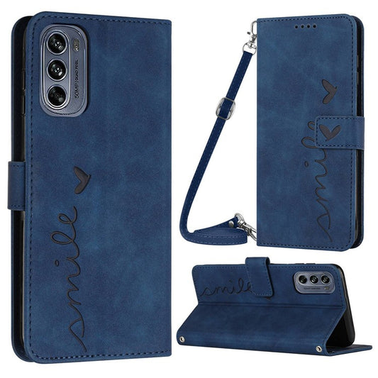 Skin-touch Feeling Case for Motorola Moto G62 5G, Heart Shape Imprinted Wallet Stand Book Style PU Leather Phone Cover with Shoulder Strap - Sapphire
