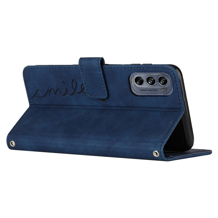 Skin-touch Feeling Case for Motorola Moto G62 5G, Heart Shape Imprinted Wallet Stand Book Style PU Leather Phone Cover with Shoulder Strap - Sapphire