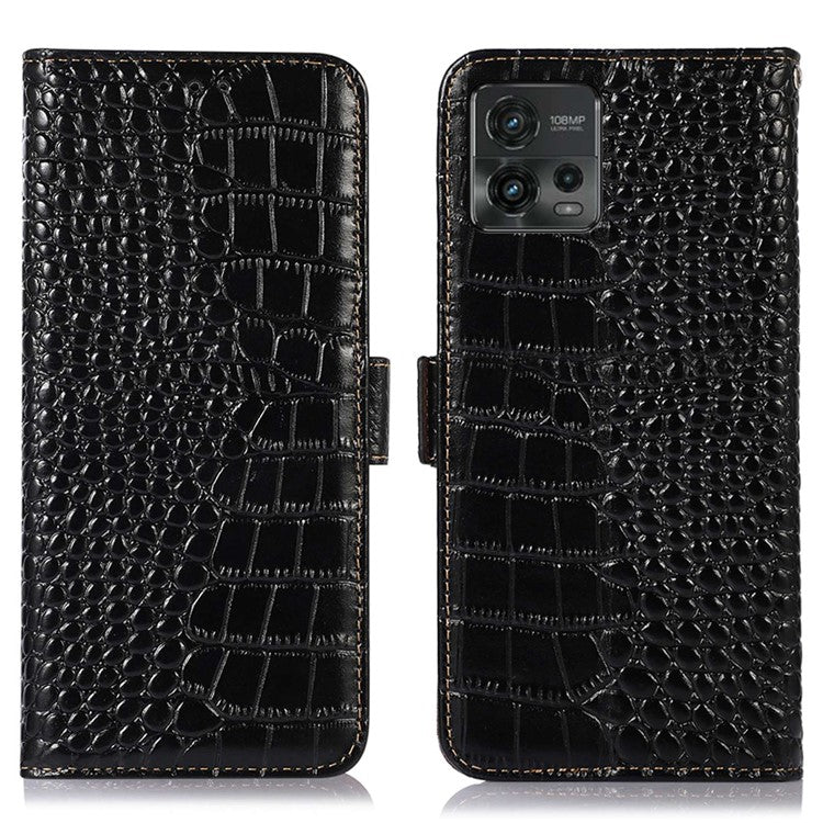 For Motorola Moto G72 4G Crocodile Texture RFID Blocking Phone Case Genuine Cowhide Leather Wallet Stand Protective Phone Cover - Black