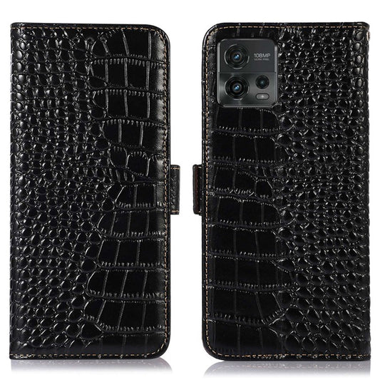 For Motorola Moto G72 4G Crocodile Texture RFID Blocking Phone Case Genuine Cowhide Leather Wallet Stand Protective Phone Cover - Black