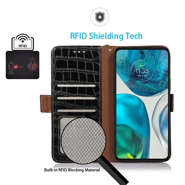 For Motorola Moto G72 4G Crocodile Texture RFID Blocking Phone Case Genuine Cowhide Leather Wallet Stand Protective Phone Cover - Black