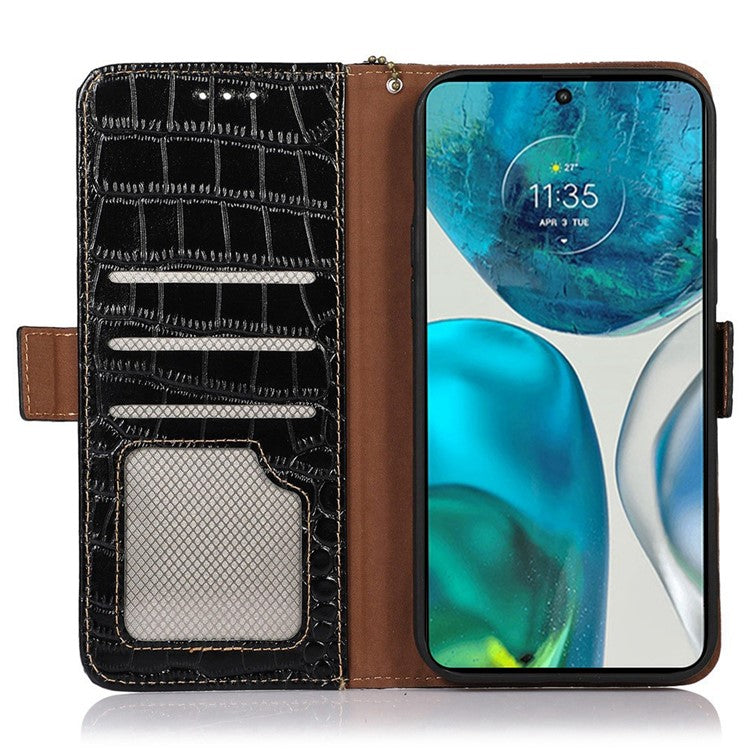 For Motorola Moto G72 4G Crocodile Texture RFID Blocking Phone Case Genuine Cowhide Leather Wallet Stand Protective Phone Cover - Black