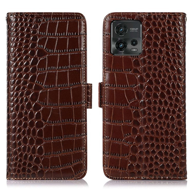 For Motorola Moto G72 4G Crocodile Texture RFID Blocking Phone Case Genuine Cowhide Leather Wallet Stand Protective Phone Cover - Brown