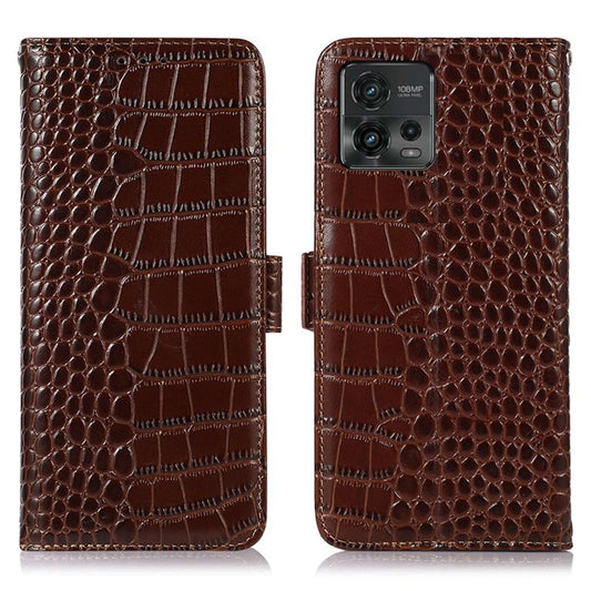 For Motorola Moto G72 4G Crocodile Texture RFID Blocking Phone Case Genuine Cowhide Leather Wallet Stand Protective Phone Cover - Brown