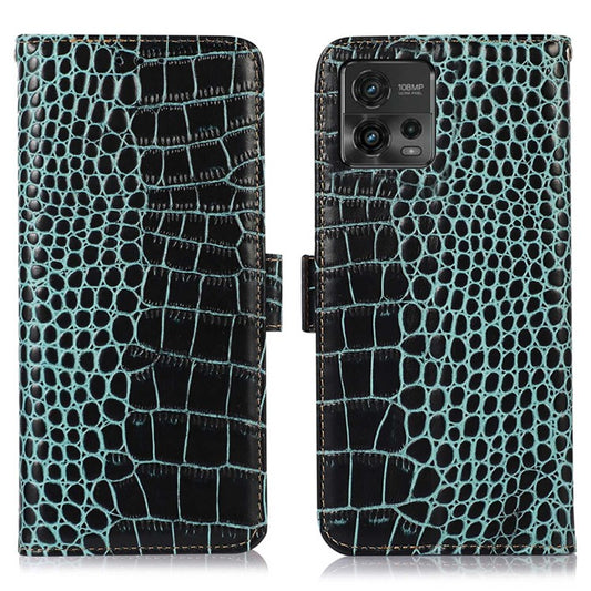 For Motorola Moto G72 4G Crocodile Texture RFID Blocking Phone Case Genuine Cowhide Leather Wallet Stand Protective Phone Cover - Green