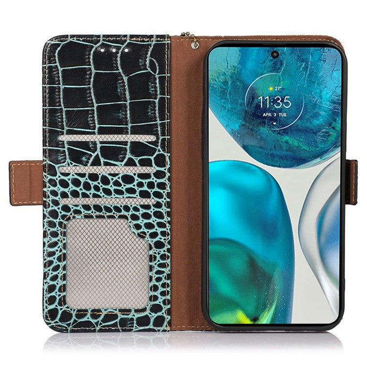 For Motorola Moto G72 4G Crocodile Texture RFID Blocking Phone Case Genuine Cowhide Leather Wallet Stand Protective Phone Cover - Green