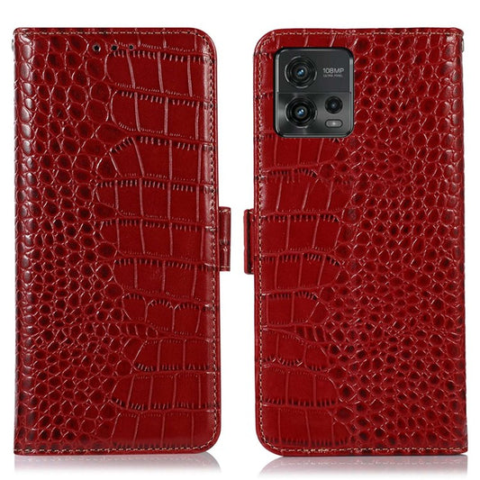 For Motorola Moto G72 4G Crocodile Texture RFID Blocking Phone Case Genuine Cowhide Leather Wallet Stand Protective Phone Cover - Red
