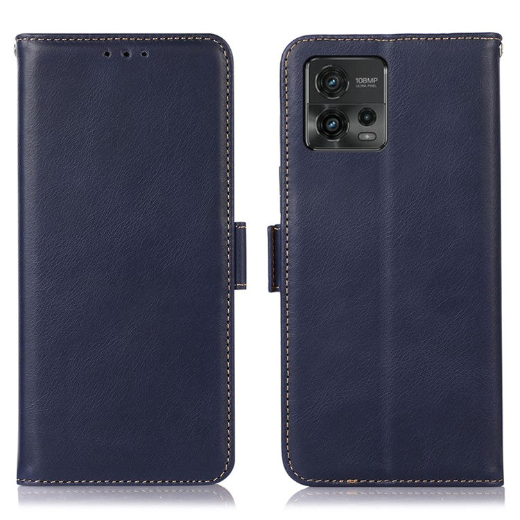 Cell Phone Case for Motorola Moto G72 4G, RFID Blocking Wallet Stand Magnetic Closure Crazy Horse Texture Genuine Cowhide Leather Cover - Blue