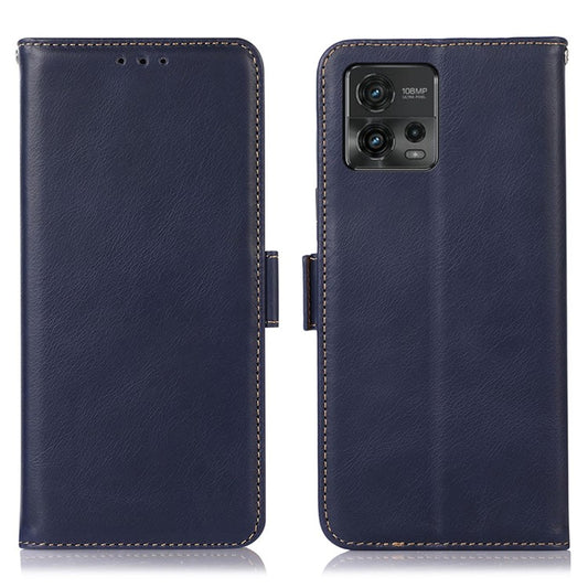 Cell Phone Case for Motorola Moto G72 4G, RFID Blocking Wallet Stand Magnetic Closure Crazy Horse Texture Genuine Cowhide Leather Cover - Blue