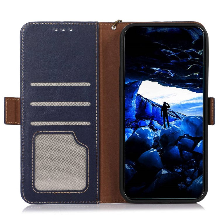 Cell Phone Case for Motorola Moto G72 4G, RFID Blocking Wallet Stand Magnetic Closure Crazy Horse Texture Genuine Cowhide Leather Cover - Blue