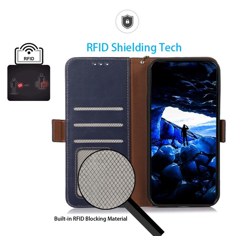 Cell Phone Case for Motorola Moto G72 4G, RFID Blocking Wallet Stand Magnetic Closure Crazy Horse Texture Genuine Cowhide Leather Cover - Blue