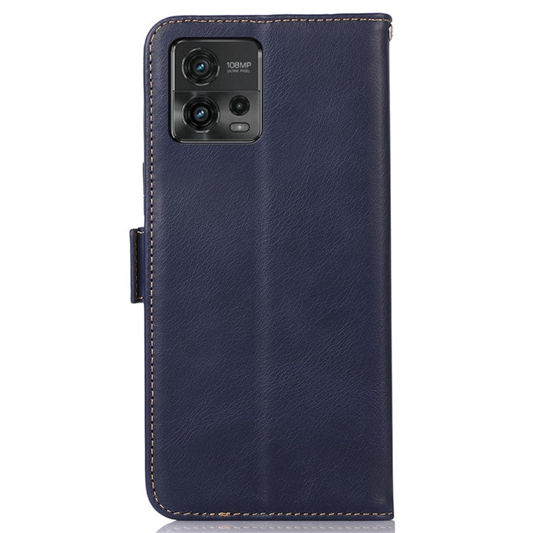 Cell Phone Case for Motorola Moto G72 4G, RFID Blocking Wallet Stand Magnetic Closure Crazy Horse Texture Genuine Cowhide Leather Cover - Blue