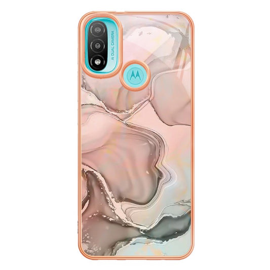 YB IMD Series-16 for Motorola Moto E20 / E30 / E40 Style E Marble Pattern IMD Phone Case Electroplating Frame 2.0mm TPU Anti-Scratch Shockproof Cover - Pink