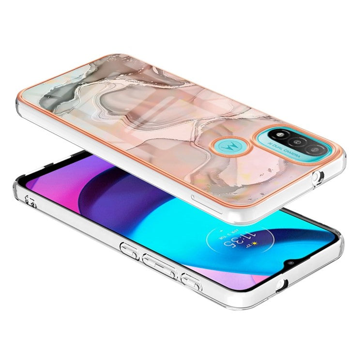 YB IMD Series-16 for Motorola Moto E20 / E30 / E40 Style E Marble Pattern IMD Phone Case Electroplating Frame 2.0mm TPU Anti-Scratch Shockproof Cover - Pink