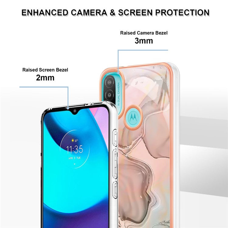 YB IMD Series-16 for Motorola Moto E20 / E30 / E40 Style E Marble Pattern IMD Phone Case Electroplating Frame 2.0mm TPU Anti-Scratch Shockproof Cover - Pink