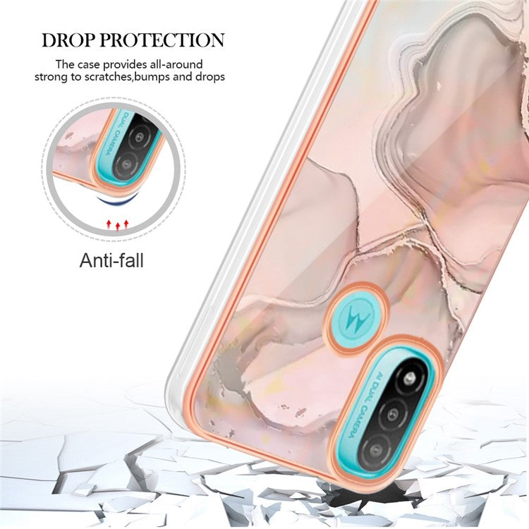 YB IMD Series-16 for Motorola Moto E20 / E30 / E40 Style E Marble Pattern IMD Phone Case Electroplating Frame 2.0mm TPU Anti-Scratch Shockproof Cover - Pink