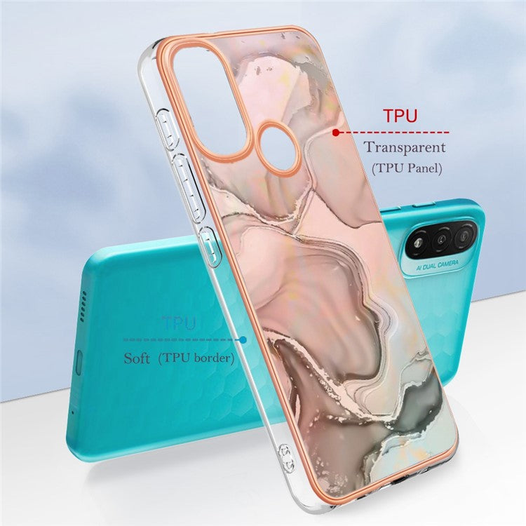YB IMD Series-16 for Motorola Moto E20 / E30 / E40 Style E Marble Pattern IMD Phone Case Electroplating Frame 2.0mm TPU Anti-Scratch Shockproof Cover - Pink