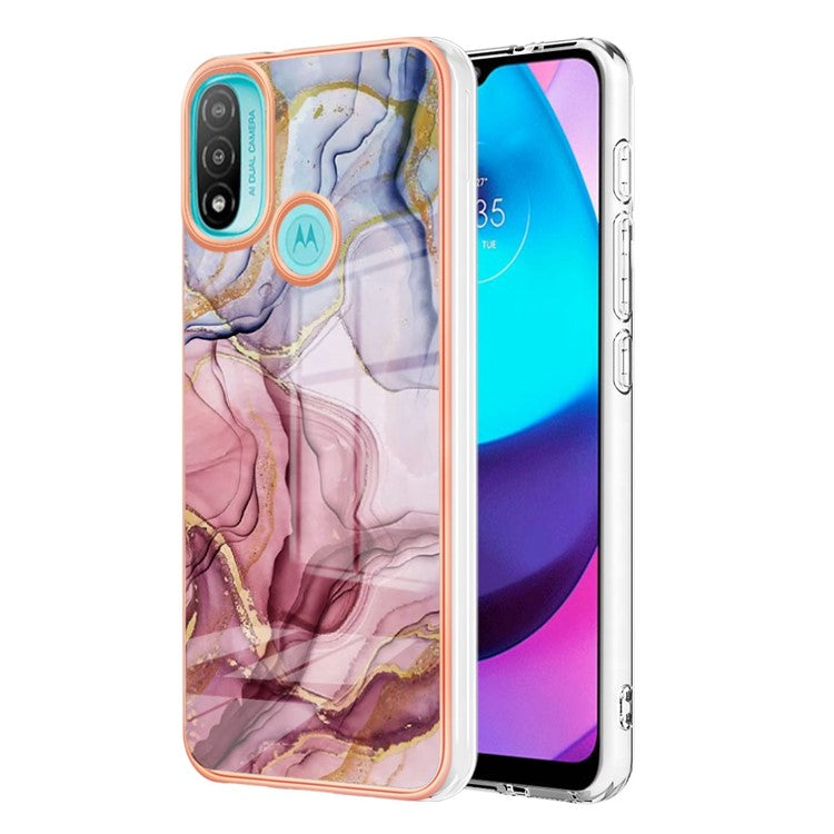 YB IMD Series-16 for Motorola Moto E20 / E30 / E40 Style E Marble Pattern IMD Phone Case Electroplating Frame 2.0mm TPU Anti-Scratch Shockproof Cover - Rose Gold