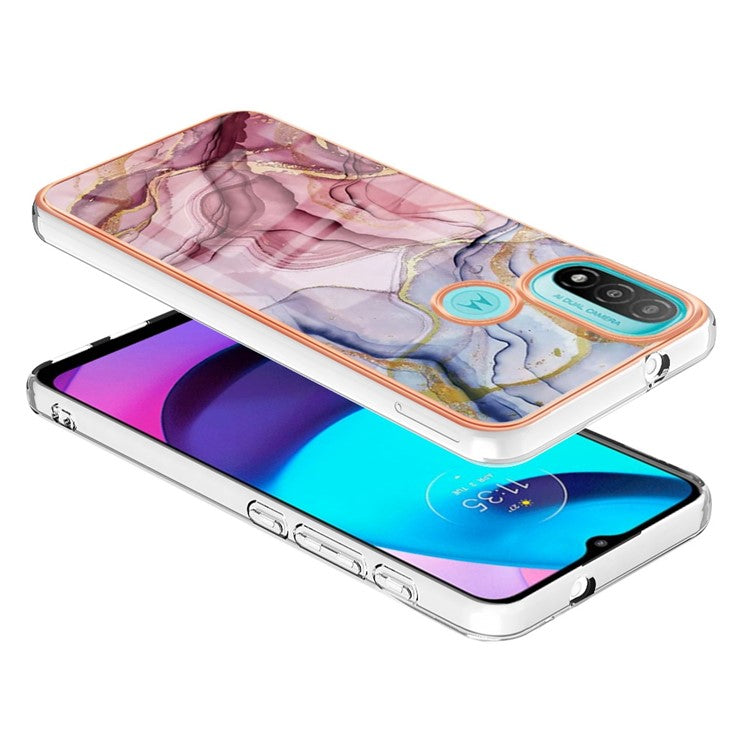 YB IMD Series-16 for Motorola Moto E20 / E30 / E40 Style E Marble Pattern IMD Phone Case Electroplating Frame 2.0mm TPU Anti-Scratch Shockproof Cover - Rose Gold