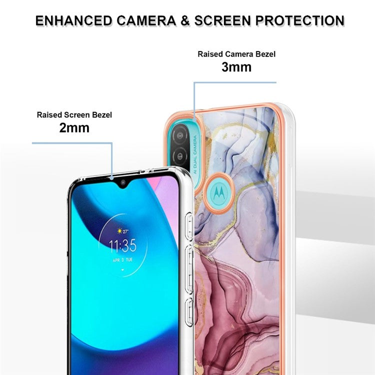 YB IMD Series-16 for Motorola Moto E20 / E30 / E40 Style E Marble Pattern IMD Phone Case Electroplating Frame 2.0mm TPU Anti-Scratch Shockproof Cover - Rose Gold