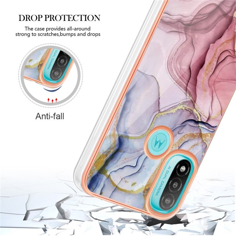 YB IMD Series-16 for Motorola Moto E20 / E30 / E40 Style E Marble Pattern IMD Phone Case Electroplating Frame 2.0mm TPU Anti-Scratch Shockproof Cover - Rose Gold