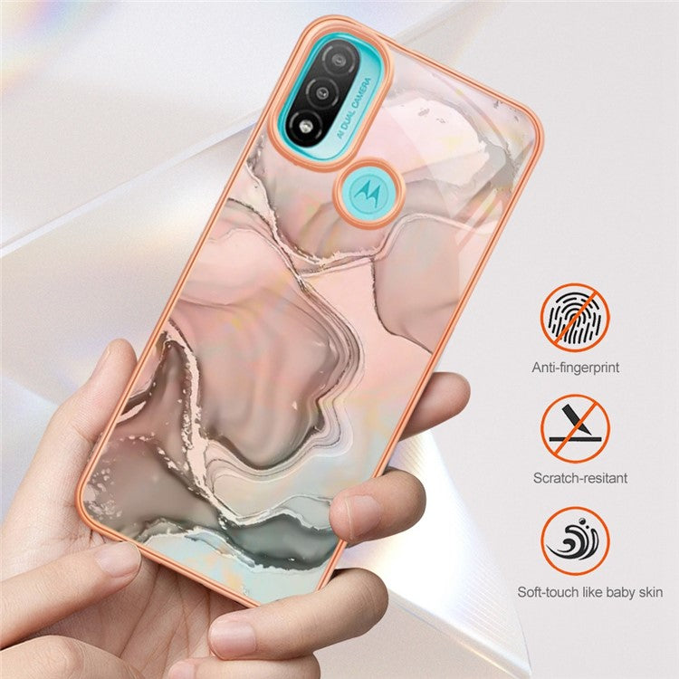 YB IMD Series-16 for Motorola Moto E20 / E30 / E40 Style E Marble Pattern IMD Phone Case Electroplating Frame 2.0mm TPU Anti-Scratch Shockproof Cover - Rose Gold