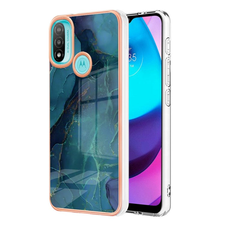 YB IMD Series-16 for Motorola Moto E20 / E30 / E40 Style E Marble Pattern IMD Phone Case Electroplating Frame 2.0mm TPU Anti-Scratch Shockproof Cover - Green