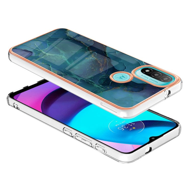 YB IMD Series-16 for Motorola Moto E20 / E30 / E40 Style E Marble Pattern IMD Phone Case Electroplating Frame 2.0mm TPU Anti-Scratch Shockproof Cover - Green