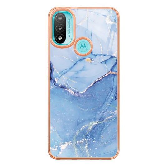 YB IMD Series-16 for Motorola Moto E20 / E30 / E40 Style E Marble Pattern IMD Phone Case Electroplating Frame 2.0mm TPU Anti-Scratch Shockproof Cover - Blue