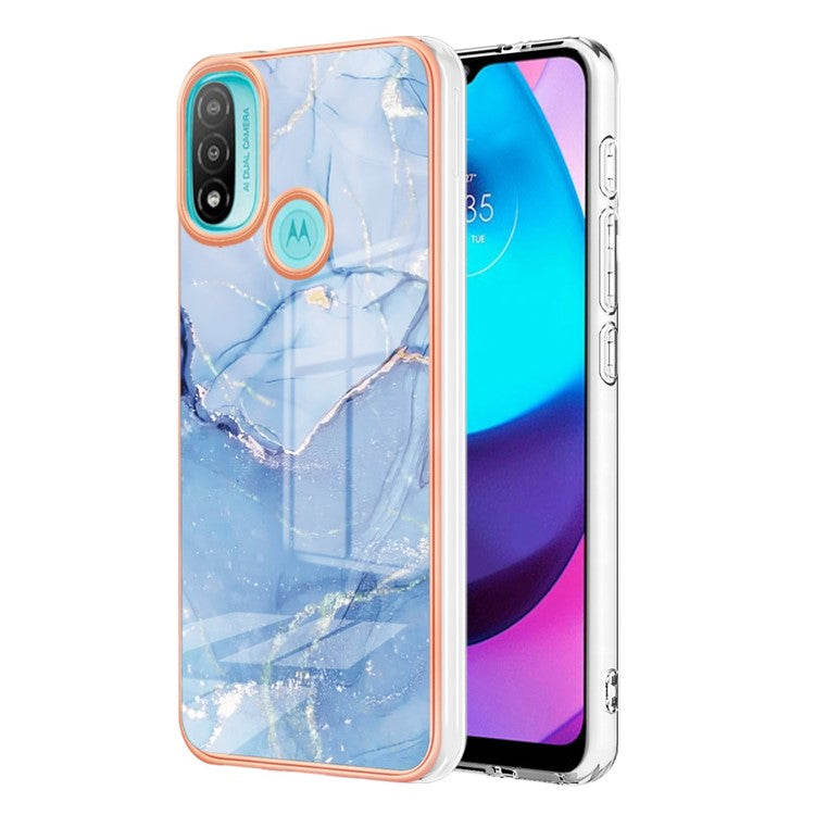 YB IMD Series-16 for Motorola Moto E20 / E30 / E40 Style E Marble Pattern IMD Phone Case Electroplating Frame 2.0mm TPU Anti-Scratch Shockproof Cover - Blue