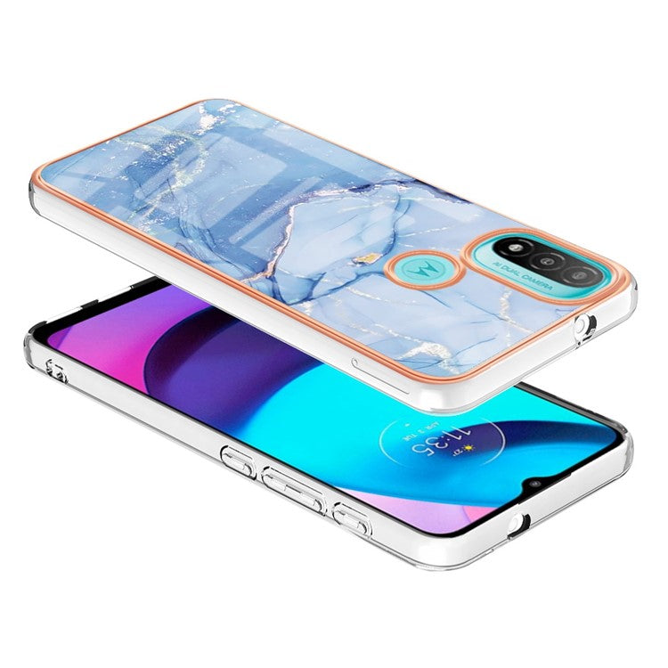 YB IMD Series-16 for Motorola Moto E20 / E30 / E40 Style E Marble Pattern IMD Phone Case Electroplating Frame 2.0mm TPU Anti-Scratch Shockproof Cover - Blue
