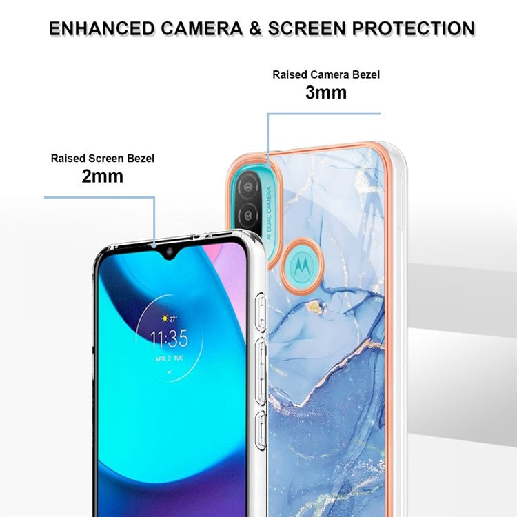 YB IMD Series-16 for Motorola Moto E20 / E30 / E40 Style E Marble Pattern IMD Phone Case Electroplating Frame 2.0mm TPU Anti-Scratch Shockproof Cover - Blue