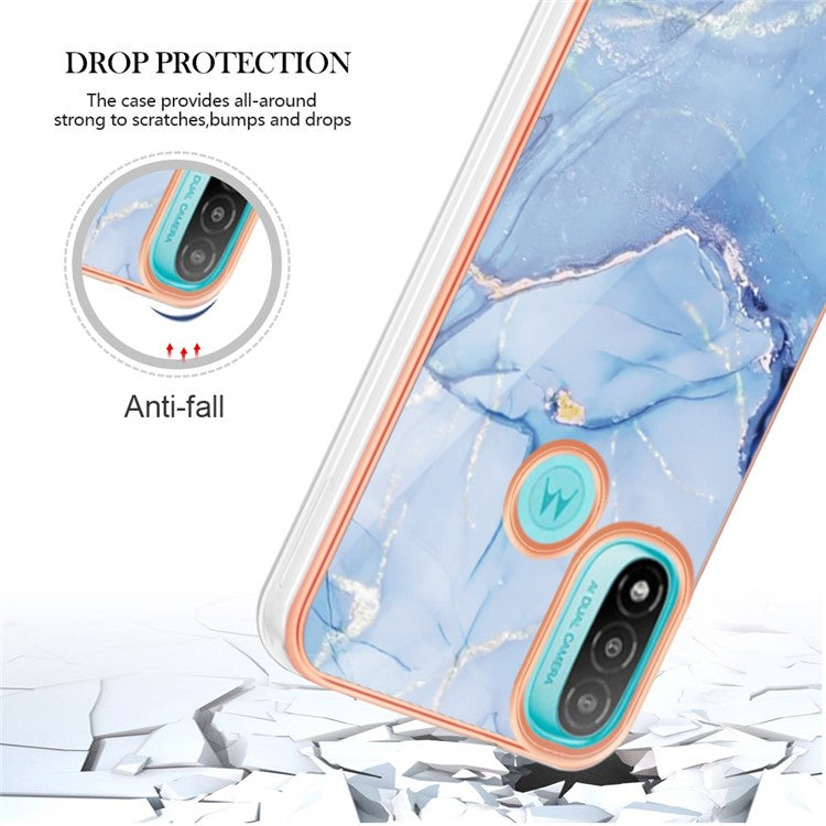YB IMD Series-16 for Motorola Moto E20 / E30 / E40 Style E Marble Pattern IMD Phone Case Electroplating Frame 2.0mm TPU Anti-Scratch Shockproof Cover - Blue