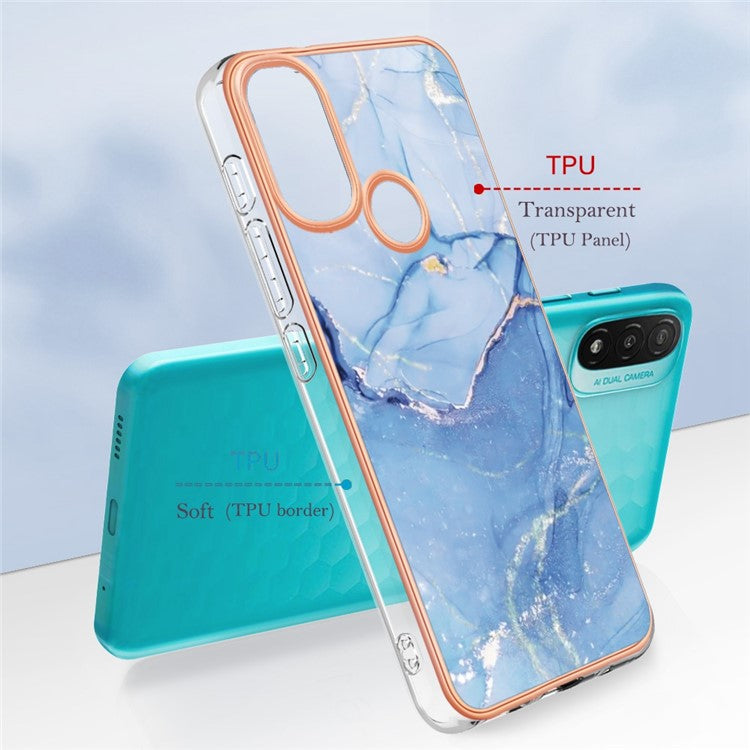 YB IMD Series-16 for Motorola Moto E20 / E30 / E40 Style E Marble Pattern IMD Phone Case Electroplating Frame 2.0mm TPU Anti-Scratch Shockproof Cover - Blue