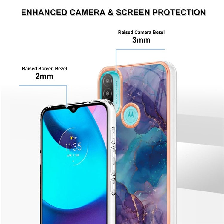 YB IMD Series-16 for Motorola Moto E20 / E30 / E40 Style E Marble Pattern IMD Phone Case Electroplating Frame 2.0mm TPU Anti-Scratch Shockproof Cover - Purple