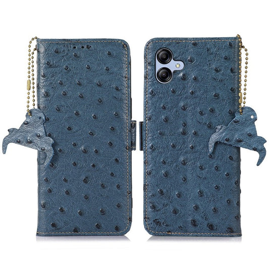 For Samsung Galaxy A04e 4G RFID Blocking Phone Cover Ostrich Pattern Genuine Cowhide Leather Stand Wallet Case - Blue