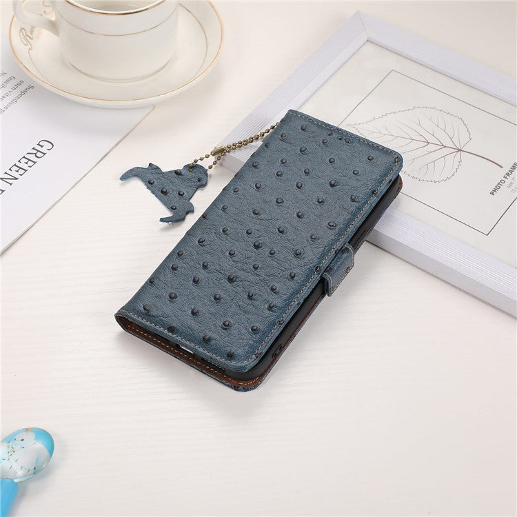 For Samsung Galaxy A04e 4G RFID Blocking Phone Cover Ostrich Pattern Genuine Cowhide Leather Stand Wallet Case - Blue