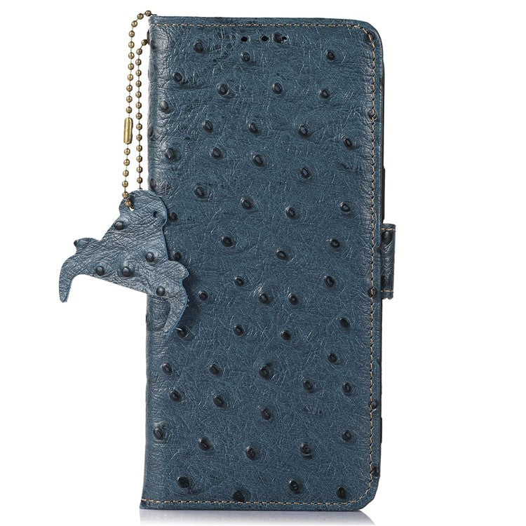 For Samsung Galaxy A04e 4G RFID Blocking Phone Cover Ostrich Pattern Genuine Cowhide Leather Stand Wallet Case - Blue
