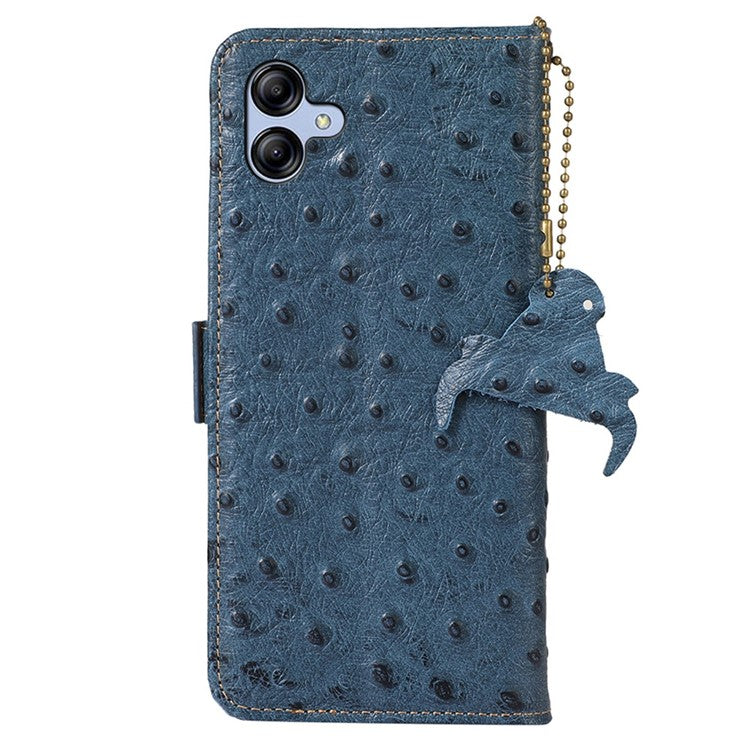 For Samsung Galaxy A04e 4G RFID Blocking Phone Cover Ostrich Pattern Genuine Cowhide Leather Stand Wallet Case - Blue