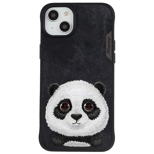 NIMMY Big Eyes Pet Series for iPhone 14 Plus Cartoon Animal Embroidery Cover PU Leather Coated PC + TPU Non-Slip Phone Case - Panda