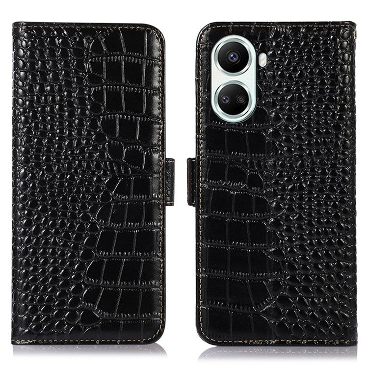 For Huawei nova 10 SE 4G RFID Blocking Phone Case Crocodile Texture Genuine Cowhide Leather Wallet Stand Cover - Black