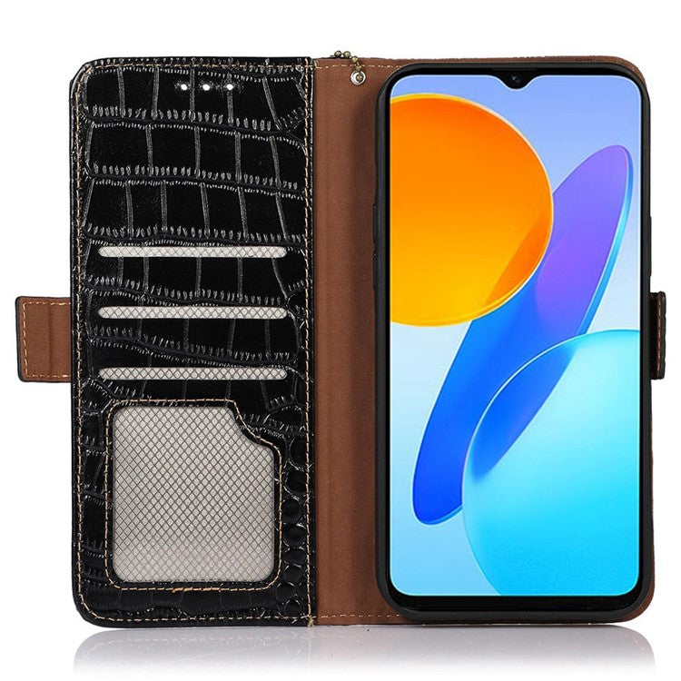 For Huawei nova 10 SE 4G RFID Blocking Phone Case Crocodile Texture Genuine Cowhide Leather Wallet Stand Cover - Black