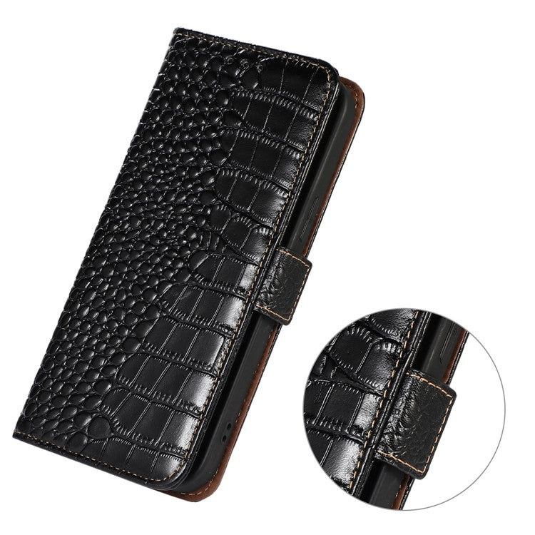 For Huawei nova 10 SE 4G RFID Blocking Phone Case Crocodile Texture Genuine Cowhide Leather Wallet Stand Cover - Black