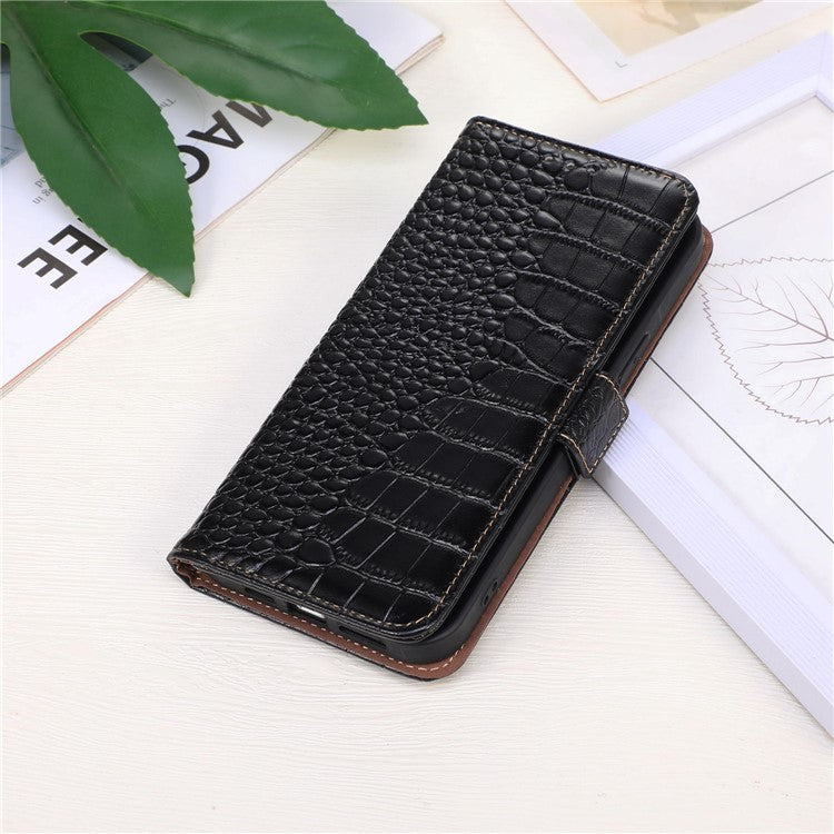 For Huawei nova 10 SE 4G RFID Blocking Phone Case Crocodile Texture Genuine Cowhide Leather Wallet Stand Cover - Black