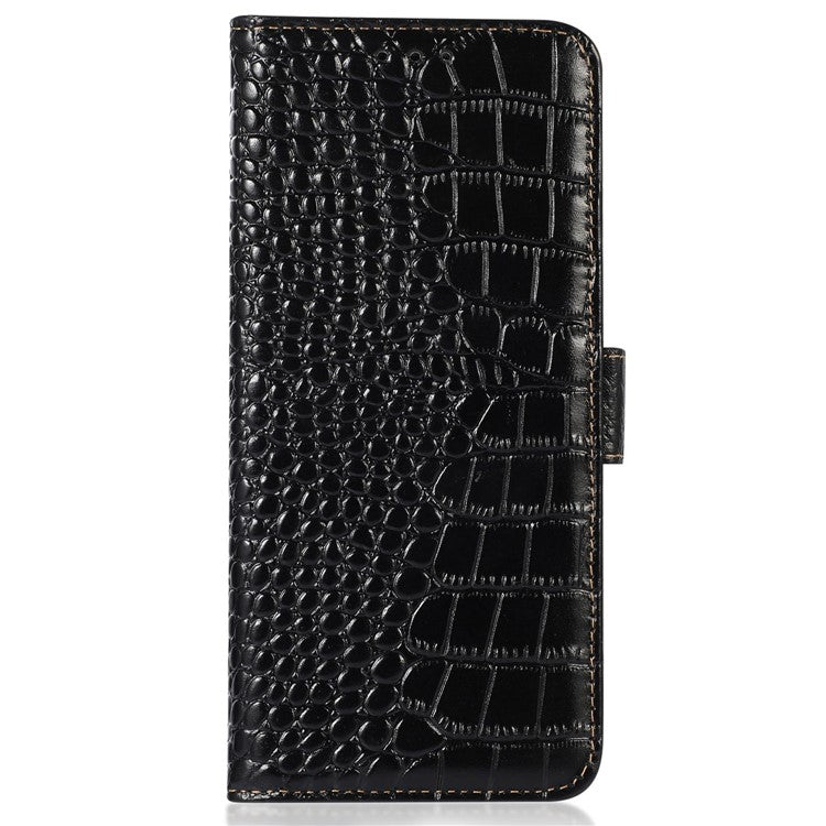 For Huawei nova 10 SE 4G RFID Blocking Phone Case Crocodile Texture Genuine Cowhide Leather Wallet Stand Cover - Black