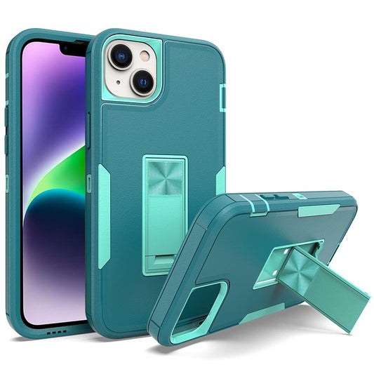 For iPhone 14 Plus Hybrid Hard PC Soft TPU Impact-Resistant Case Car Mount Kickstand Protective Phone Cover - Lake Blue / Blue-Green