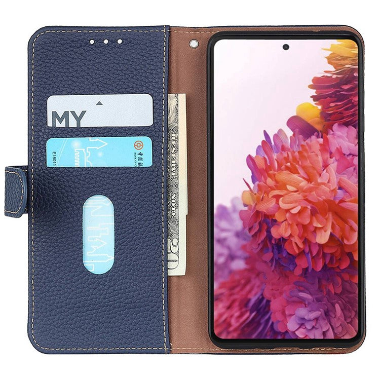KHAZNEH For Samsung Galaxy A54 5G Litchi Texture Genuine Leather Stand Protective Phone Cover Folio Flip Wallet Case - Blue