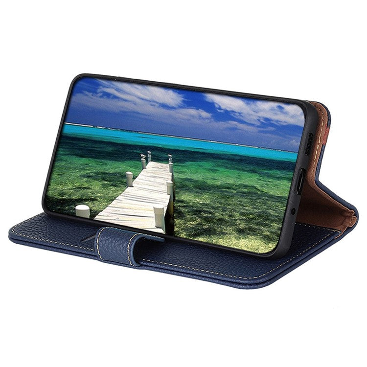 KHAZNEH For Samsung Galaxy A54 5G Litchi Texture Genuine Leather Stand Protective Phone Cover Folio Flip Wallet Case - Blue